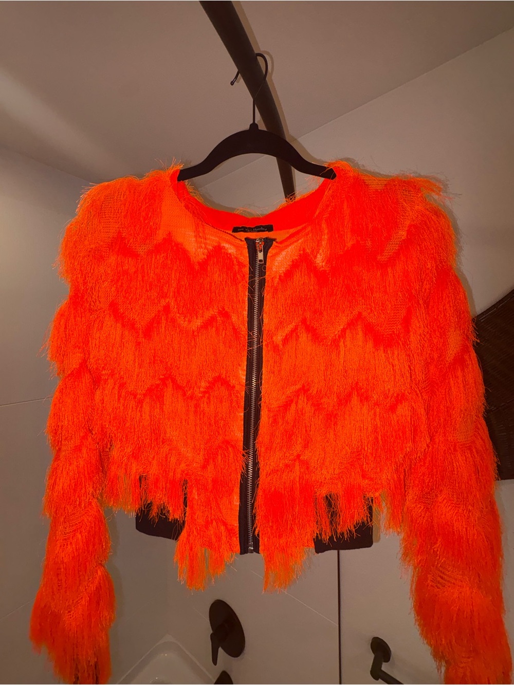 See You Monday Bright Orange Faux-Fur Fringe Bomber Jacket